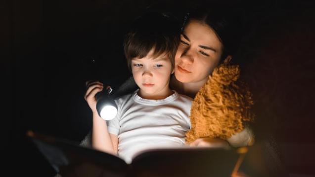  A mother reads a bedtime story.