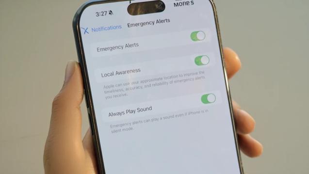 A phone screen showing emergency alerts toggle buttons