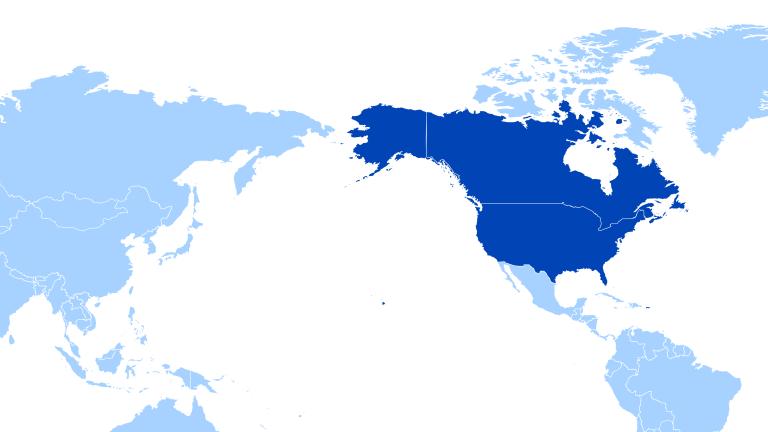 Map of countries in US and Canada region 