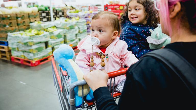 A woman pushing a shopping cart with 2 children in it