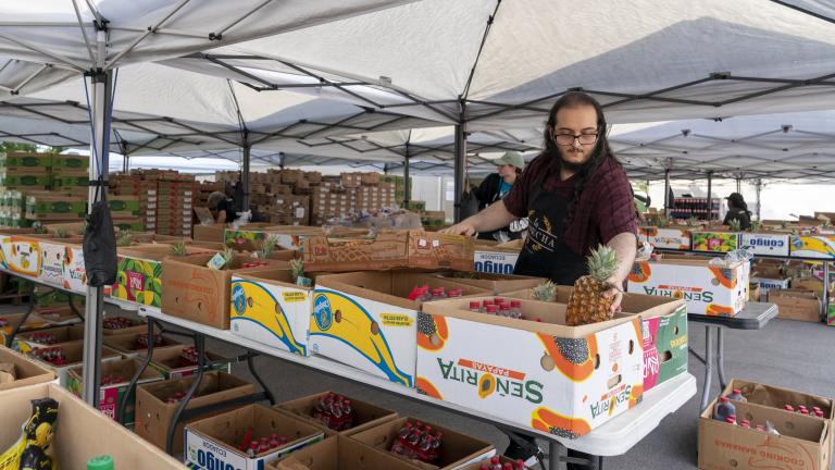 Worker at a food distribution site under a tent