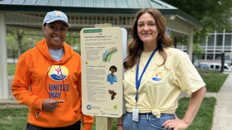 Volunteers from United Way Worldwide's headquarters in Alexandria, Va installed a Born Learning STEAM Trail to encourage outoddr interactive learning. 
