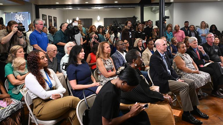 A large audience gathered at a meeting at the New Orleans Resiliency Center