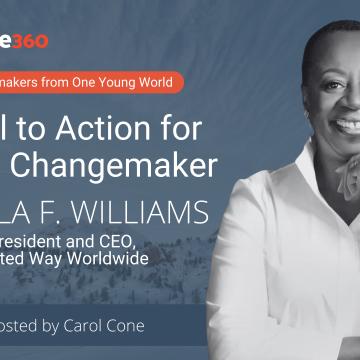 United Way Worldwide President and CEO, Angela F. Williams, on a graphic for podcast episode 190 from Purpose 360, hosted by Carol Cone