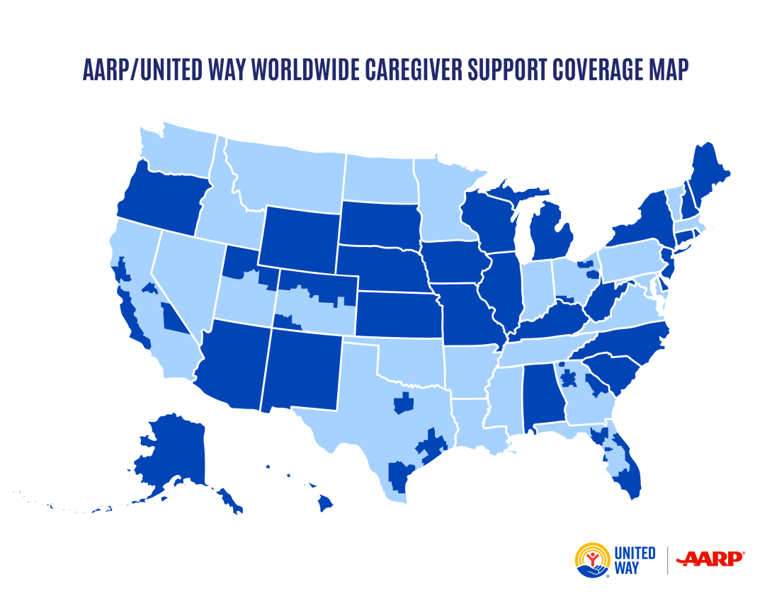 A map of the United States showing regions covered by the AARP/United Way Worldwide Caregiver Support Initative211 Caregiver 