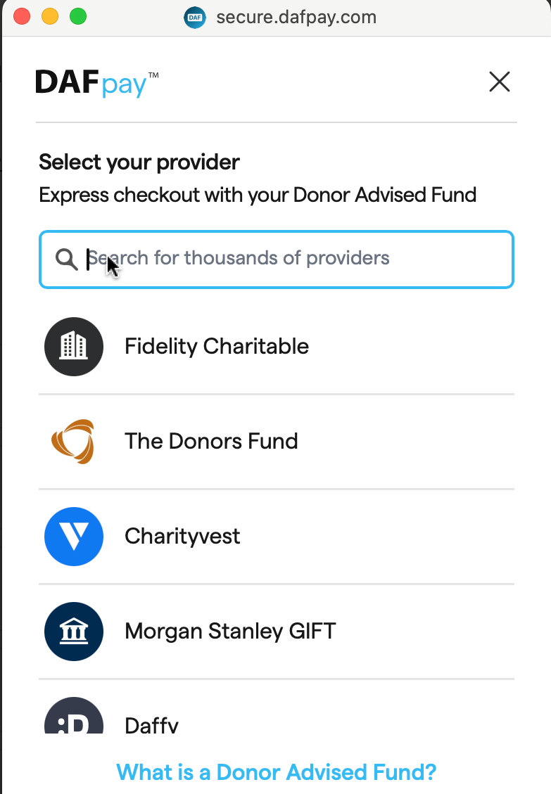 Screenshot showing DAFPay list of providers